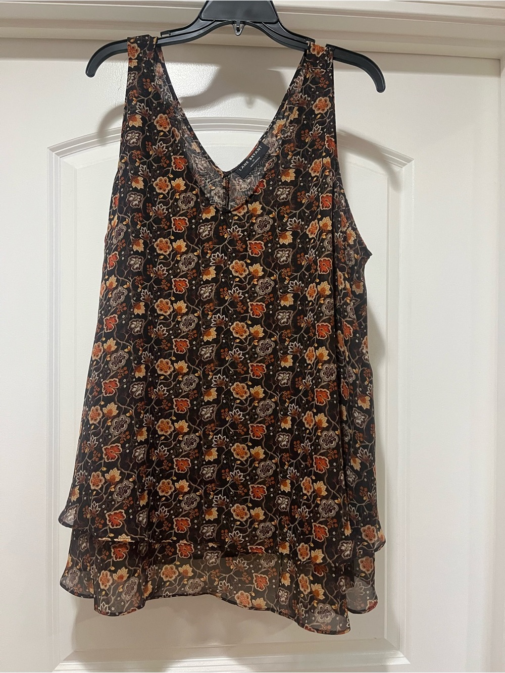 Floral Layered Chiffon Tank Top - Black with Orange & Cream Flowers